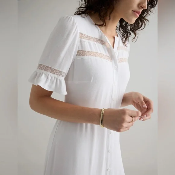 QUINCE NWT Lightweight Crepe Lace Inset Midi Dress -white -large - Picture 3 of 10